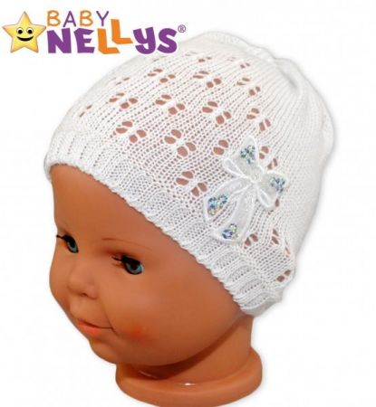 Háčkovaná čepička Mašle Baby Nellys ® - s flitry - bílá, 56-62 (0-3m)