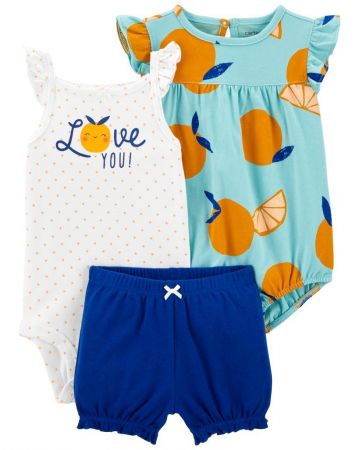 CARTERS CARTER'S Set 3dílný body na ramínka, body kr. rukáv, kraťasy Blue Orange holka 9m