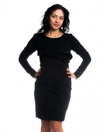 Be MaaMaa Těhotenské/kojící šaty s volánkem, dlouhý rukáv - černé, vel. L, L (40)