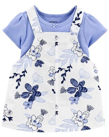 CARTERS CARTER'S Set 2dílný body kr. rukáv, šaty na kšandy Blue Floral dívka 6m