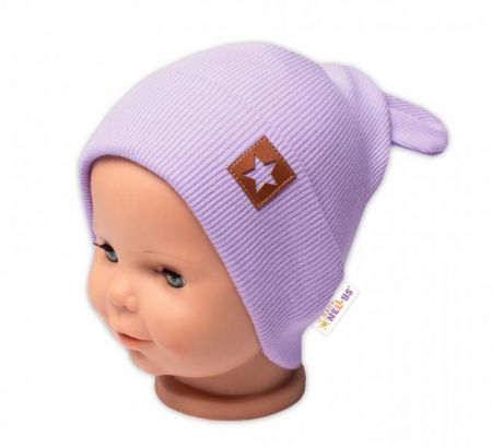 Baby Nellys Žebrovaná dvouvrstvá čepice s oušky TEDDY - lila, vel. 80/86, 80-86 (12-18m)