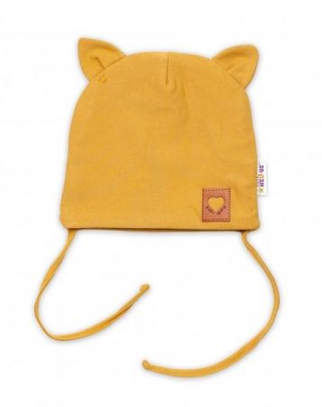 Baby Nellys Bavlněná dvouvrstvá čepice s oušky na zavazování FOX - hořčicová, 56-62 (0-3m)