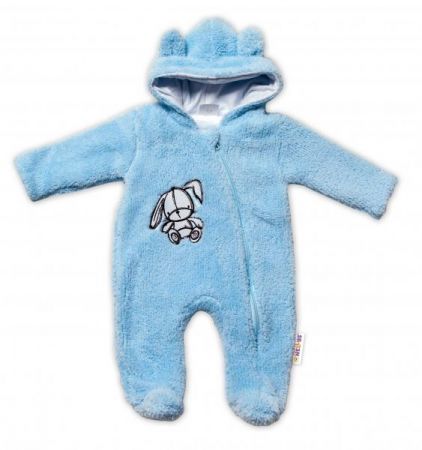 Baby Nellys Chlupáčkový overálek s kapucí, Cute Bunny - modrý, vel. 68, 68 (3-6m)