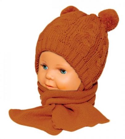 BABY NELLYS Zimní pletená kojenecká čepička s šálou TEDDY - hnědá s bambulkami, vel. 62/68, 62-68 (3-6m)