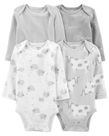 CARTERS CARTER'S Body dl. rukáv Grey neutrál 4ks NB /vel.56