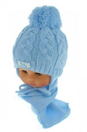 BABY NELLYS Zimní pletená čepička s šálou Baby Bear - modrá s bambulkou, 62-68 (3-6m)