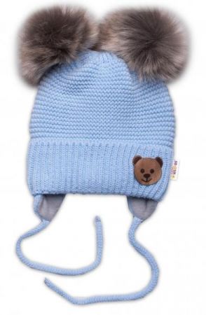 BABY NELLYS Zimní čepice s fleecem Teddy Bear - chlupáčk. bambulky - sv. modrá, šedá, 56-68 (0-6 m)