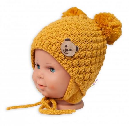 BABY NELLYS Zimní pletená čepice Teddy Bear na zavazování, hořčicová, 68/80, (6-12m), 68-80 (6-12m)
