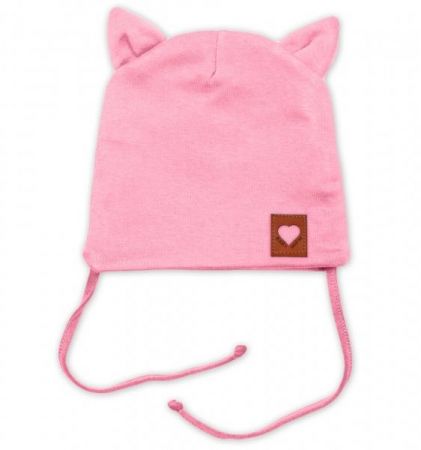 Baby Nellys Bavlněná dvouvrstvá čepice s oušky na zavazování FOX - růžová, vel. 68/74, 68-74 (6-9m)