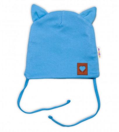 Baby Nellys Bavlněná dvouvrstvá čepice s oušky na zavazování FOX - modrá, vel. 80/86, 80-86 (12-18m)