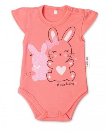 Baby Nellys Bavlněné kojenecké body, kr. rukáv, Cute Bunny - lososové, vel. 80, 80 (9-12m)