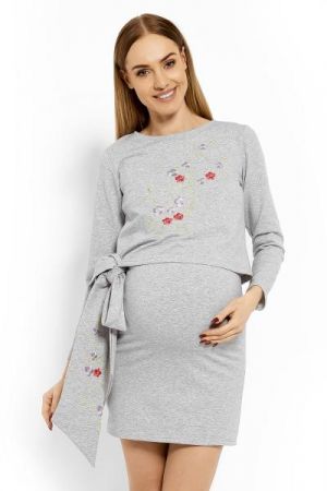 Be MaaMaa Elegantní těhotenské šaty, tunika s výšivkou a stuhou - sv. šedé (kojící), S/M