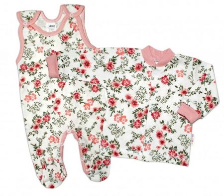 Baby Nellys 2-dílná sada, bavlněné dupačky s košilkou Růžičky, pudrová/ecru, 50 (0-1m)