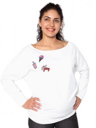 Be MaaMaa Těhotenská mikina, triko s nášivkami - bílé - L, L (40)