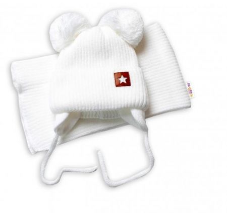 BABY NELLYS Zimní čepice s šálou STAR - bílá s bambulkami, 56-68 (0-6 m)