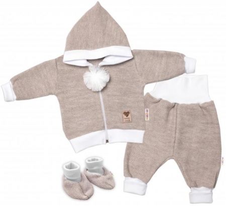 Baby Nellys 3-dílná souprava Hand made, pletený kabátek, kalhoty a botičky, béžová, vel.62, 62 (2-3m)