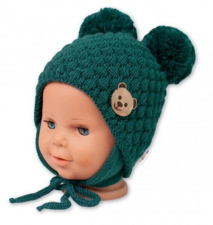 BABY NELLYS Zimní pletená čepice Teddy Bear na zavazování, zelená, 56-68 (0-6 m)