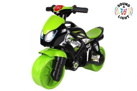 Teddies Odrážedlo motorka zeleno-černá plast na baterie se světlem a zvukem v sáčku 36x53x74 cm