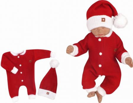 Z&Z 2-dílná sada Pletený overálek s kapucí + čepička Baby Santa, červený Velikost: 86 (12-18m)