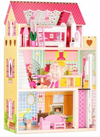 ECO TOYS Dřevěný domeček pro panenky s výtahem + 2 panenky - Malinová rezidence