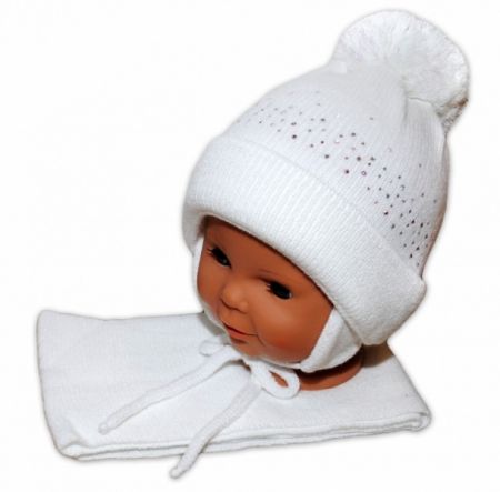 Baby Nellys Zimní čepička s bambulí a šálou - bílá s kamínky Velikost: 68-86 (6-18m)