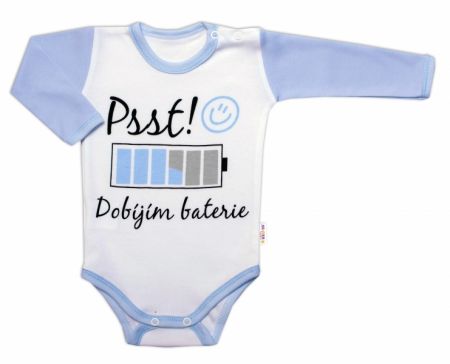 Body dlouhý rukáv s vtipným textem Baby Nellys, Psst! Dobíjím baterie, kluk Velikost: 56 (1-2m)