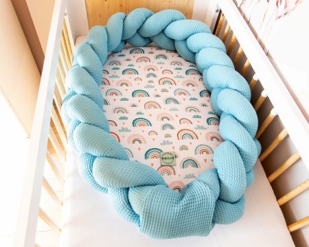 Baby Nellys Luxusní sada 2v1 hnízdečko/mantinel Duha - tyrkys