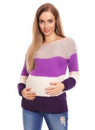 Be MaaMaa Teploučký těhotenský svetr, široké pruhy - fialová, UNI
