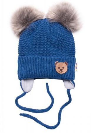 BABY NELLYS Zimní čepice s fleecem Teddy Bear - chlupáčk. bambulky - tm. modrá, šedá, 56-68 (0-6 m)