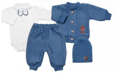 5-dílná pletená sada Baby Nellys, Boy, body, kalhoty, svetr, čepička, motýlek - modrá,68, 68 (3-6m)