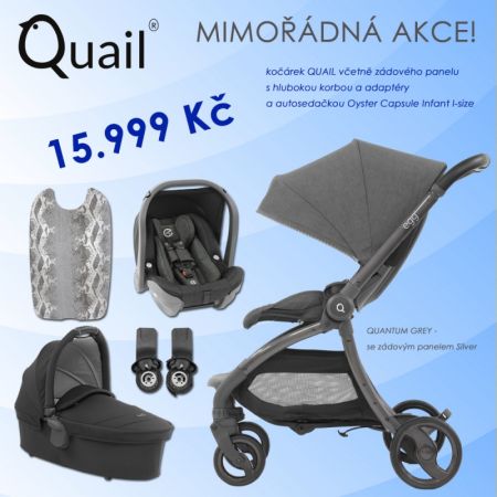 BabyStyle Egg Quail Quantum Grey set: kočárek + korba + adaptéry + autosedačka