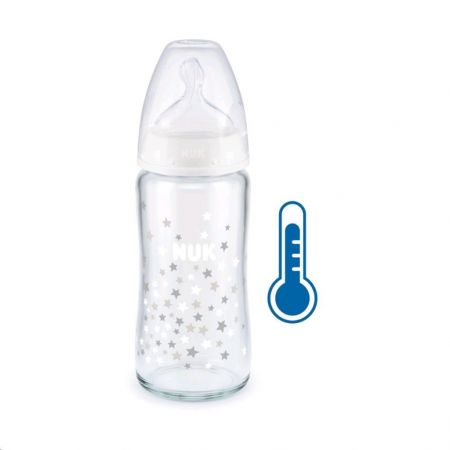 NUK Skleněná kojenecká láhev NUK FC s kontrolou teploty 240 ml bílá