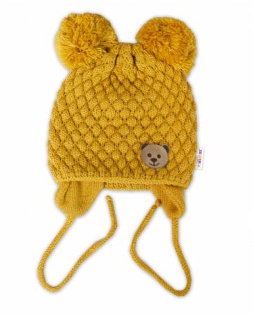 BABY NELLYS Zimní pletená čepice Teddy Bear na zavazování, hořčicová Velikost: 56-68 (0-6 m)