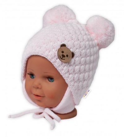 BABY NELLYS Zimní pletená čepice Teddy Bear na zavazování, růžová, 68/80, (6-12m), 68-80 (6-12m)