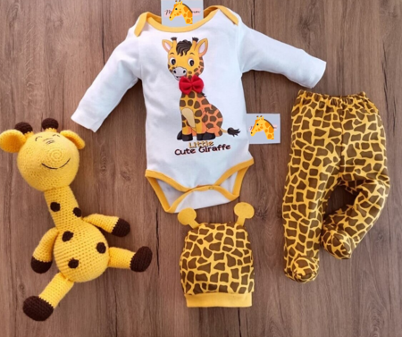 3-dílná bavlněná kojenecká souprava body polodupačky a čepička žirafa 62 ( 3-6 m )