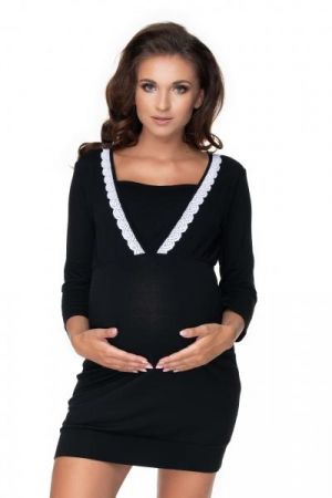 Be MaaMaa Těhotenská, kojící noční košile s ozdobnou krajkou, 3/4 rukáv - černá, vel. L/XL, L/XL