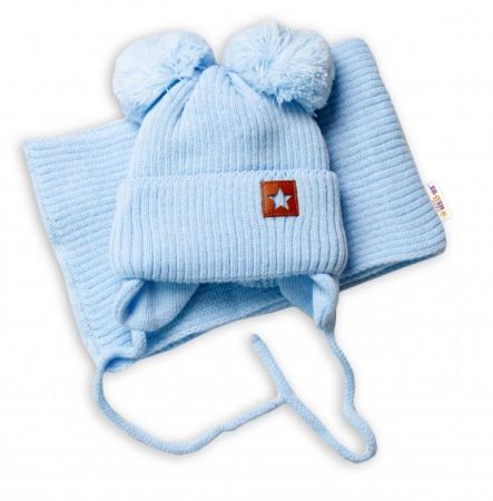BABY NELLYS Zimní čepice s šálou STAR - modrá s bambulkami, 56-68 (0-6 m)