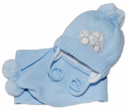 BABY NELLYS Zimní čepička s šálou - Autíčko sv. modré Velikost: 56-68 (0-6 m)