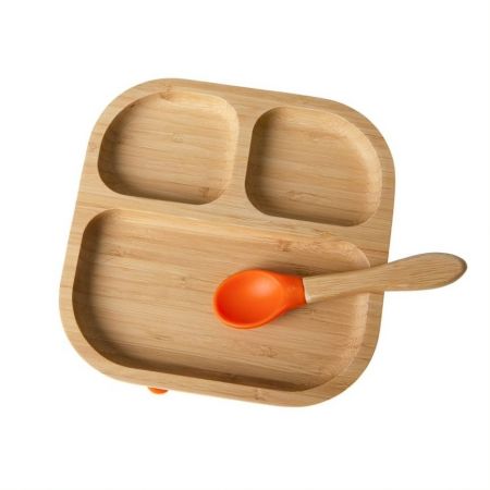 beUnik Dětský bambusový talířek s lžičkou - oranžová
