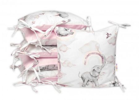 Bavlněný polštářkový mantinel Baby Nellys, Slon a duha, růžová/bílá
