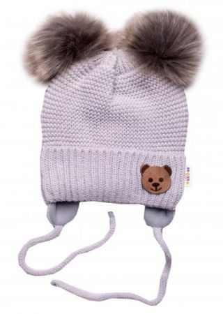 BABY NELLYS Zimní čepice s fleecem Teddy Bear - chlupáčk. bambulky - sv. šedá, šedá, 56-68 (0-6 m)