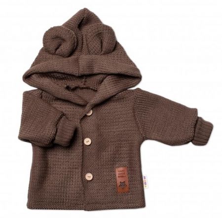 Dětský elegantní pletený svetřík s knoflíčky a kapucí s oušky Baby Nellys, hnědý, 56 (1-2m)