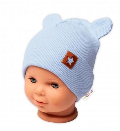 Baby Nellys Žebrovaná dvouvrstvá čepice s oušky TEDDY - sv. modrá, vel. 80/86, 80-86 (12-18m)
