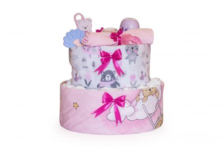 NašeMimčo Dvoupatrový plenkový dort růžový se zvířátky Základ z plen: Pampers Premium Care vel. 1 (2-5 kg)
