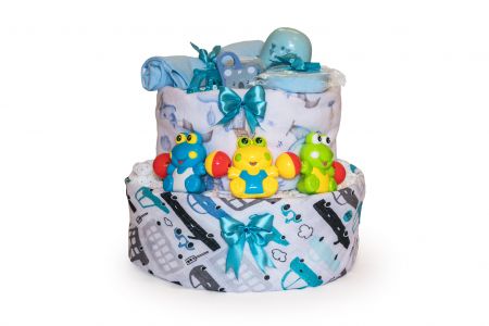 NašeMimčo Dvoupatrový plenkový dort modrý se žabkami Základ z plen: New Love Premium Comfort vel. 3 (4-9 kg)