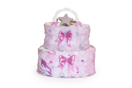 NašeMimčo Dvoupatrový plenkový dort růžové hvězdičky Základ z plen: Pampers Premium Care vel. 1 (2-5 kg)