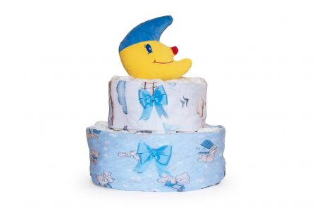 NašeMimčo Dvoupatrový plenkový dort modrý měsíc Základ z plen: New Love Premium Comfort vel. 3 (4-9 kg)