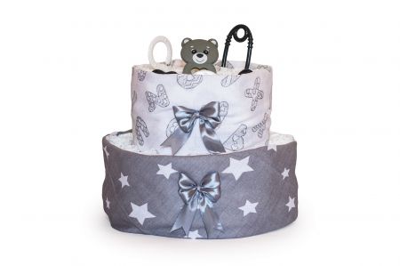 NašeMimčo Dvoupatrový plenkový dort šedý s kousátkem a chrastítky Základ z plen: Pampers Premium Care vel. 2 (4-8 kg)