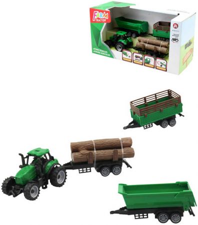 _Ostatní 1_ Traktor zelený se 3 přívěsy a kládami dřeva herní set v krabici plast