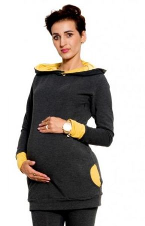 Těhotenská/kojící mikina Be MaaMaa s kapucí, Gianna - grafit/žlutá, vel. M, M (38)